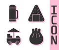 Set Khinkali on cutting board, Thermos container, Fast street food cart and Onigiri icon. Vector