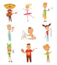 Set of kid activity, kid painting a picture, playing a guitar, Dancing Ballet, cutting color paper, sings a song. Vector