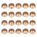 Set of kid facial emotions. Dark hair boy face with different expressions.