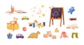 Set of kid plush and plastic toys, chalkboard, pencils, drawings, books, wooden building cubes and blocks for children's