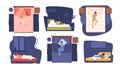 Set Kid Sleep on Bed Top and Side View. Relaxed Little Children Characters Lying on Comfortable Sleeping Place at Home