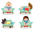 Set of kid sleeping on sofa at home on white background, children resting at home, Couch and child , Simple cartoon of kids taking Royalty Free Stock Photo