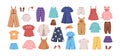 Set of kid's casual clothes. Child's garments for summer. Apparel, shoes and accessories for boys and girls. Colored