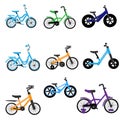 Set of kids bikes. Bicycles for children, for boys. Icons, vector, flat design Royalty Free Stock Photo