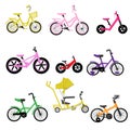 Set of kids bikes. Bicycles for children, for gils. Icons, vector, flat design Royalty Free Stock Photo