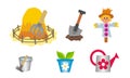 Set of kids cartoon vector icons with tools and items of agriculture and farming. Cliparts of haystack, shovel, garden scarecrow, Royalty Free Stock Photo