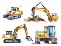 set of kids construction tools ,machines, white background , cement mixer, crane, tractor, caterpillar, bulldozer, created with ai Royalty Free Stock Photo