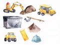 set of kids construction tools ,machines, white background , cement mixer, crane, tractor, caterpillar, bulldozer, created with ai