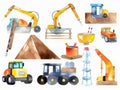 set of kids construction tools ,machines, white background , cement mixer, crane, tractor, caterpillar, bulldozer, created with ai