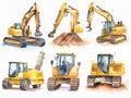 set of kids construction tools ,machines, white background , cement mixer, crane, tractor, caterpillar, bulldozer, created with ai