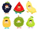 Set of kids in cute fruit costumes vector.