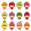 Set of kids in cute fruits costumes