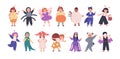 Set of kids disguised in funny and scary costumes for Halloween party. Happy children dressed in carnival clothes. Cute Royalty Free Stock Photo