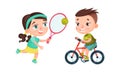 Set of kids doing sport. Happy little boy and girl playing tennis and riding bike cartoon vector illustration Royalty Free Stock Photo