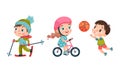 Set of kids doing sport. Happy little children skiing, playing basketball and cycling cartoon vector illustration