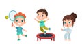 Set of kids doing sport. Little boys and girl playing tennis, jumping trampoline and doing karate, children activities Royalty Free Stock Photo