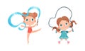 Set of kids doing sport. Little girls doing rhythmic gymnastics and jumping with skipping rope. Children activities Royalty Free Stock Photo