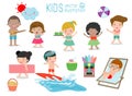 Set of Kids having fun on the beach, children play on the beach,Child dancing on the beach, vector illustration Royalty Free Stock Photo