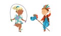 Set of kids hobbies. Boy and girl jumping with skipping rope and riding stick horse cartoon vector illustration Royalty Free Stock Photo