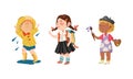 Set of kids hobbies. Boy in rubber boots jumping in puddles. Girls going to school with backpack and painting with brush