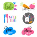 Set of Kids menu logos for cafe or restaurant. Funny design for kids and baby food. Stickers, labels, tags design Royalty Free Stock Photo