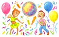 Set of kids party characters and object with dancing girl and boy, confetti, serpentine, firecracers, balloons, hearts, disco-ball Royalty Free Stock Photo