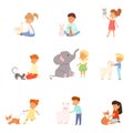 Set with kids playing and taking care of wild and pet animals. Raster illustration in flat cartoon style Royalty Free Stock Photo