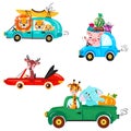 Set of kids transport with lion, boat, canoe, giraffe, elephant, deer, watermelon and gifts. Cute animals ride on the car.