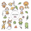 Set of kids yoga animal poses. Monkey, frog, lion, giraffe, dog asanas. Vector cartoon illustration in doodle style.