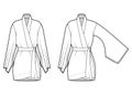 Set of Kimono robe technical fashion illustration with long wide sleeves, belt to cinch the waist, above-the-knee length