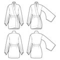 Set of Kimono robe technical fashion illustration with long wide sleeves, belt to cinch the waist, above-the-knee length