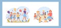 Set of kindergarten preschool scenes. Elementary school or nursery daycare center kids