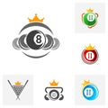 Set of King Billiards logo design vector. Sport labels for poolroom. Billiards club logo template