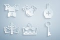 Set King crown, Bottle with potion, Christian cross, Old key, Medieval shield axe and Body armor icon. Vector