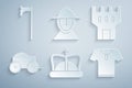 Set King crown, Castle tower, Wooden four-wheel cart, Body armor, Medieval iron helmet and axe icon. Vector Royalty Free Stock Photo