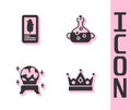 Set King crown, Tarot cards, Magic ball and Poison bottle icon. Vector Royalty Free Stock Photo
