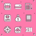 Set King playing card, Credit, Bingo, Lottery ticket, Money bag, Casino chips and Lucky wheel icon. Vector