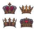 Set of king`s crown, hand drawn line with digital color, vector illustration