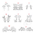 Set of kissing cute animals with hearts. Royalty Free Stock Photo