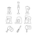 Set of kitchen accessories - whisk, mixer, blender. Black and white icons. Royalty Free Stock Photo