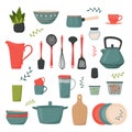 Set of kitchen accessory. Vector kitchen tools in retro style. Household utensil and cutlery, crockery. Cooking equipment and food