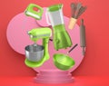 Set of kitchen appliances and utensils floating on podium with abstract background, symbolizing cooking tools Royalty Free Stock Photo