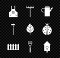 Set Kitchen apron, Garden rake, Watering can, fence wooden, Retro wall watch, Hammer and Leaf icon. Vector