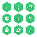 Set Kitchen apron, Saucepan, Bottle of olive oil, Fried eggs frying, Cooking pot, and Knife icon. Vector