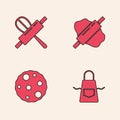 Set Kitchen apron, whisk and rolling pin, Rolling dough and Cookie or biscuit icon. Vector