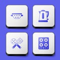 Set Kitchen colander, Electric kettle, Spatula and Gas stove icon. White square button. Vector