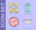 Set Kitchen colander, Electric stove, Cutting board and Salt icon. Vector