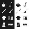 Set Kitchen colander, Knife, Coffee cup, ladle, Chef hat, Salt pepper, Sponge with bubbles and Grater icon. Vector Royalty Free Stock Photo