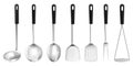 Set of kitchen cooking utensils such as soup ladles and slotted spoons, kitchen Spatula, Potato Masher, Skimmer Spoon, meat fork,