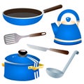 Set of kitchen dishes. Color images of pan, kettle, knife, serving spoon and skillet on white background. Vector illustration